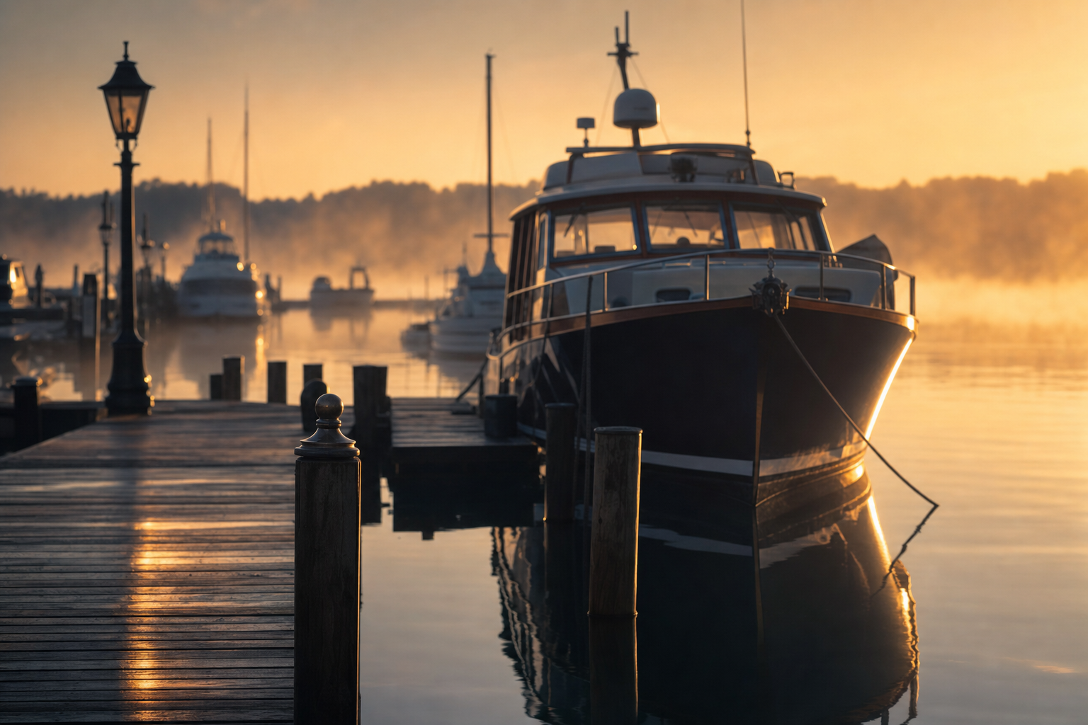 A classic sportfish boat at a marina in warm coastal light.