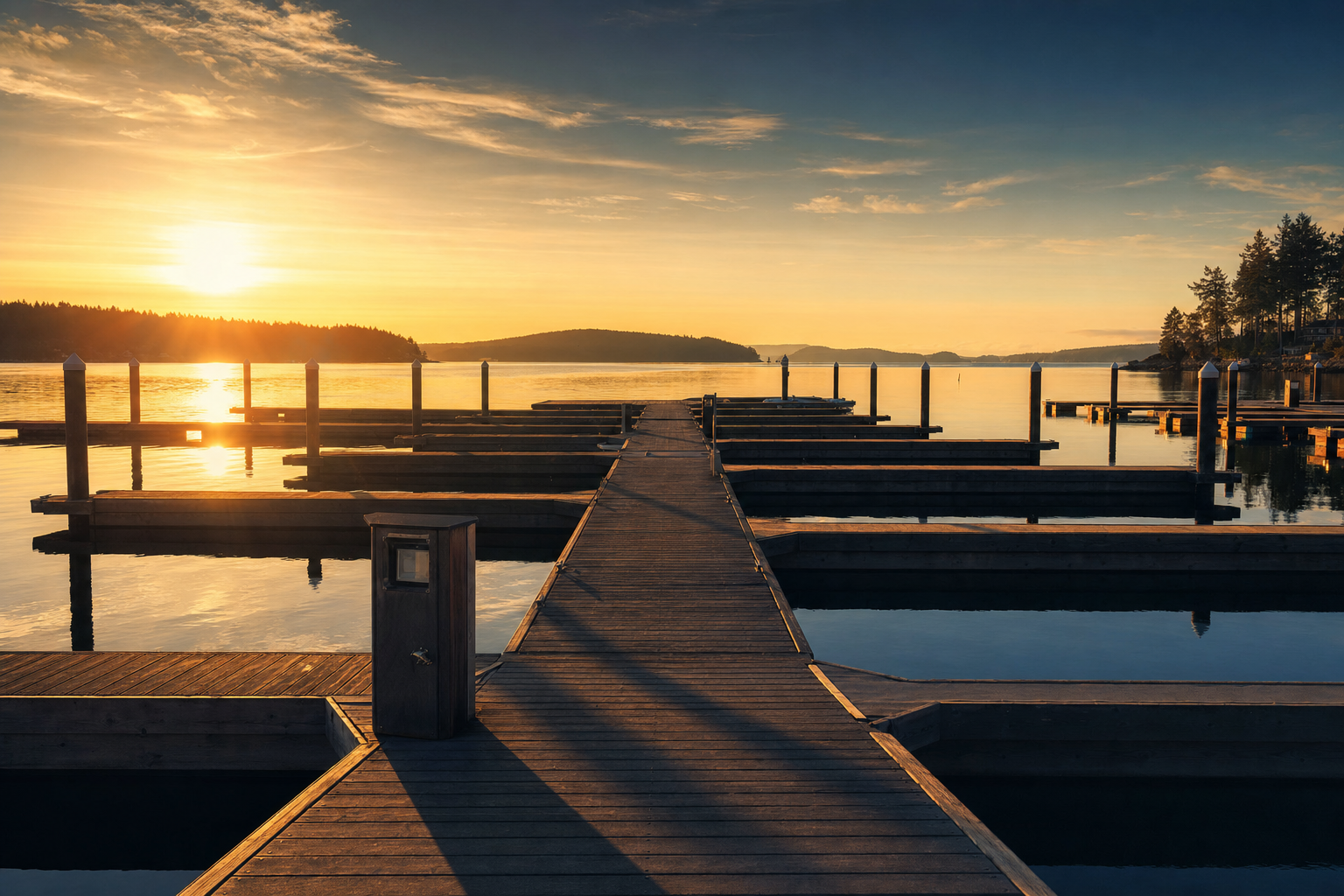 Great Lakes docks at sunrise over calm freshwater.